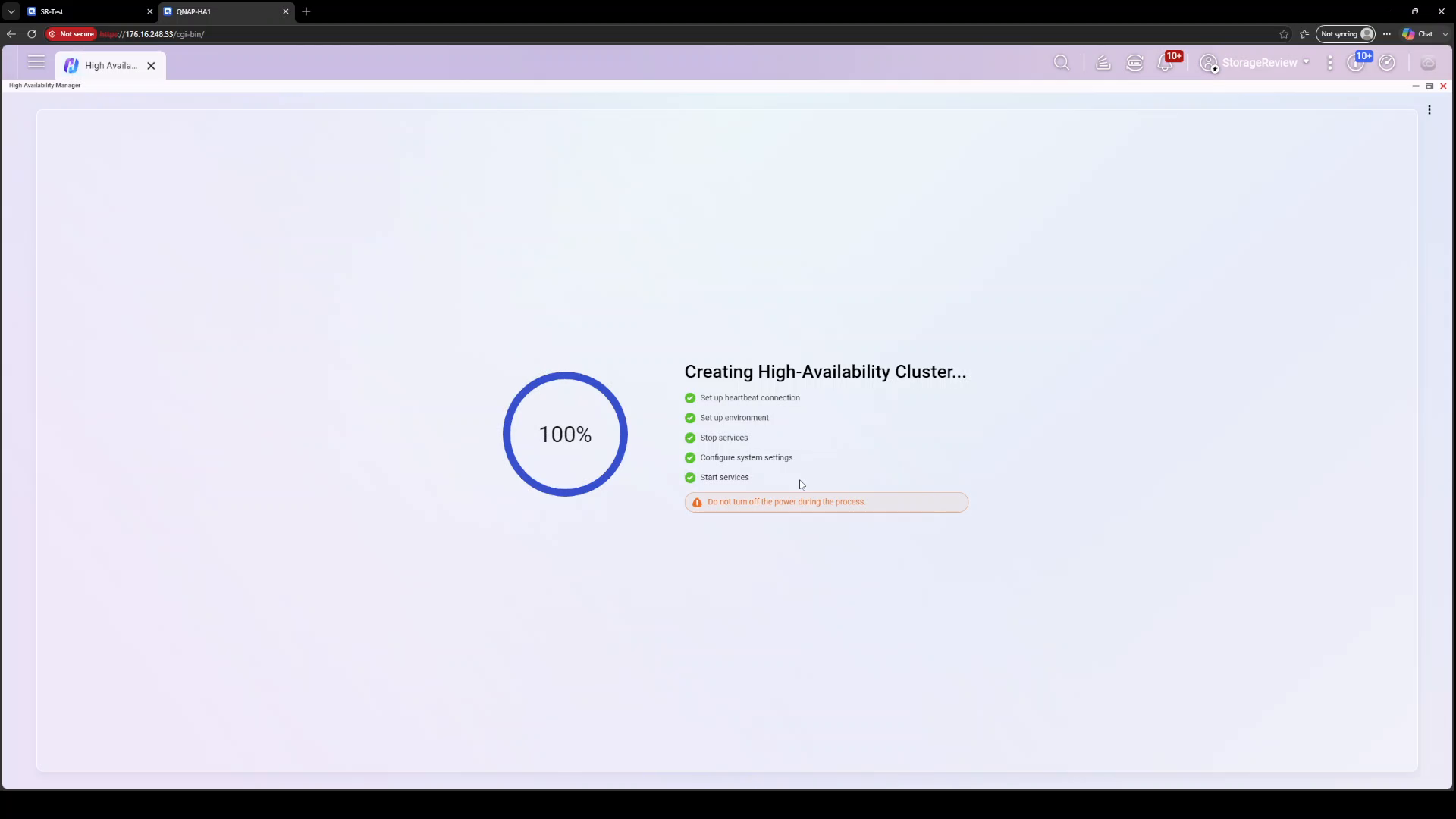 High Availability cluster creation completing the five-step build at 100 percent