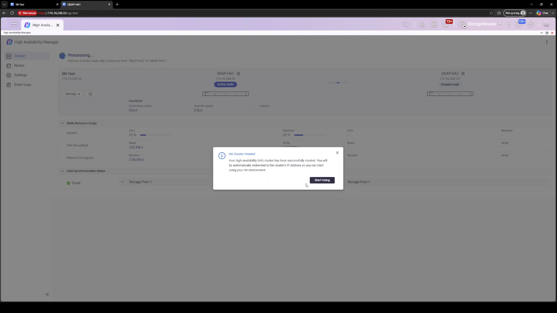 QNAP HA Manager reporting the cluster created and redirecting to the cluster IP