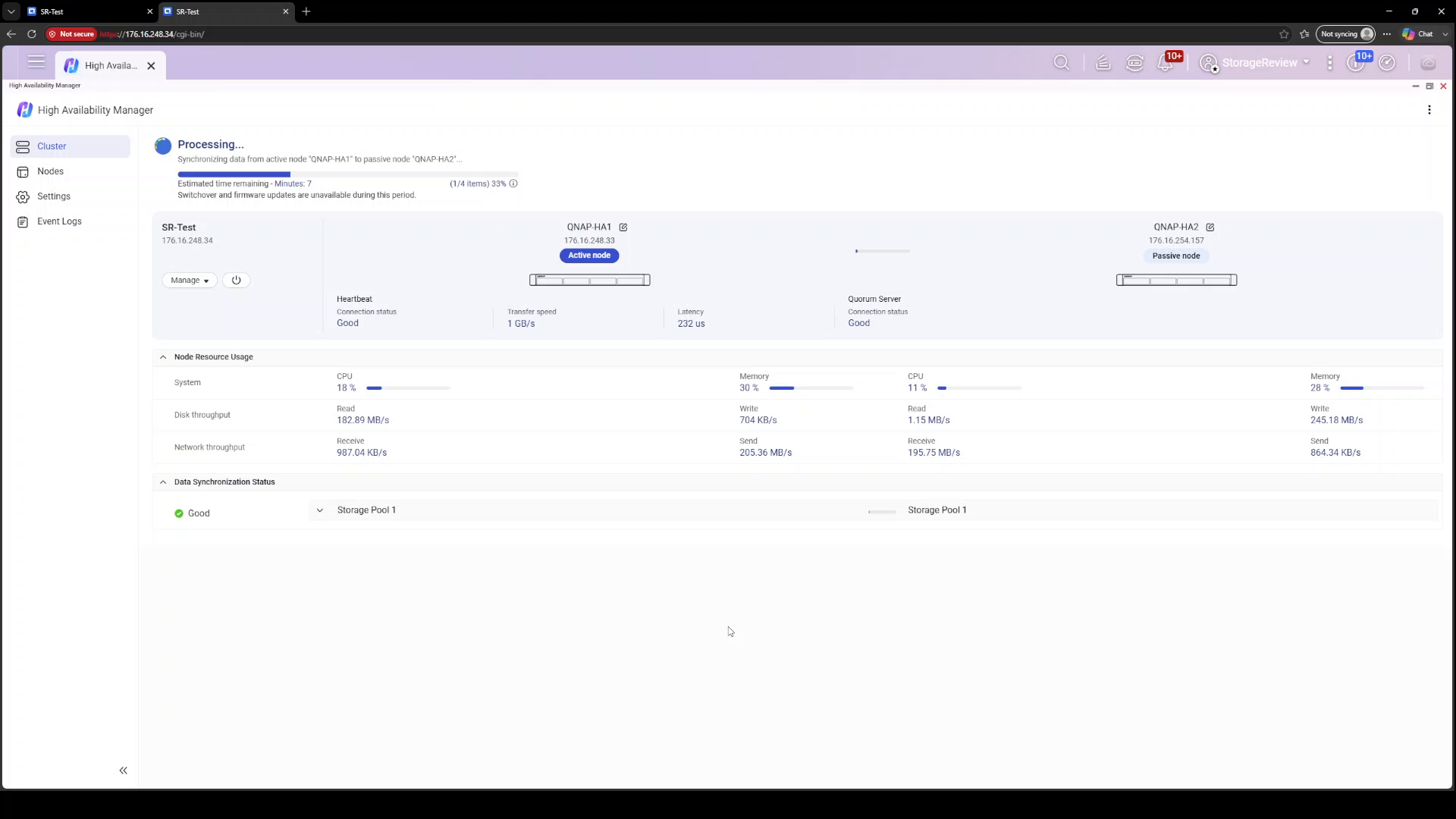 Initial synchronization running at 1GB per second over the heartbeat connection in HA Manager