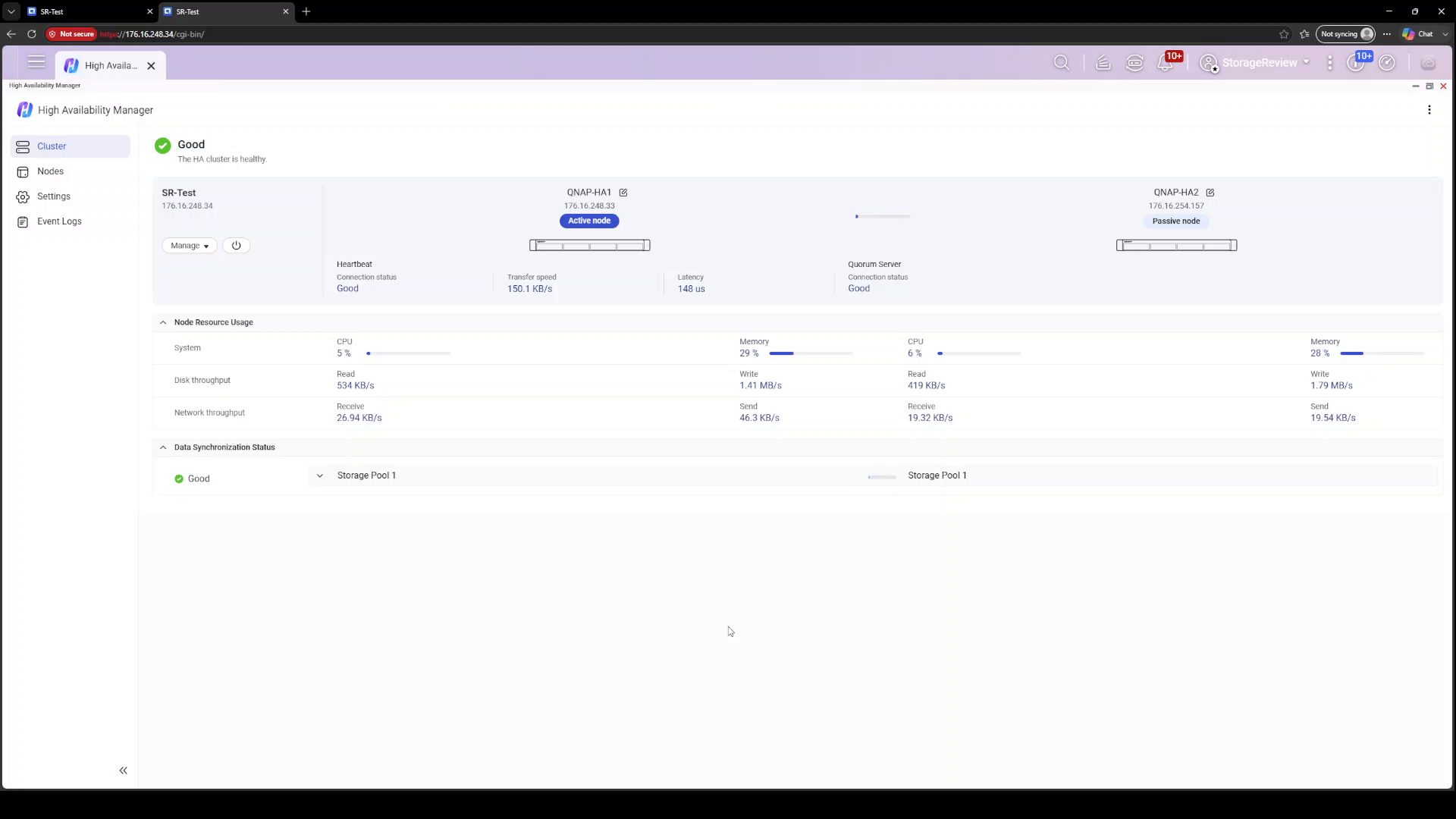 Healthy QNAP HA cluster dashboard after initial synchronization completes