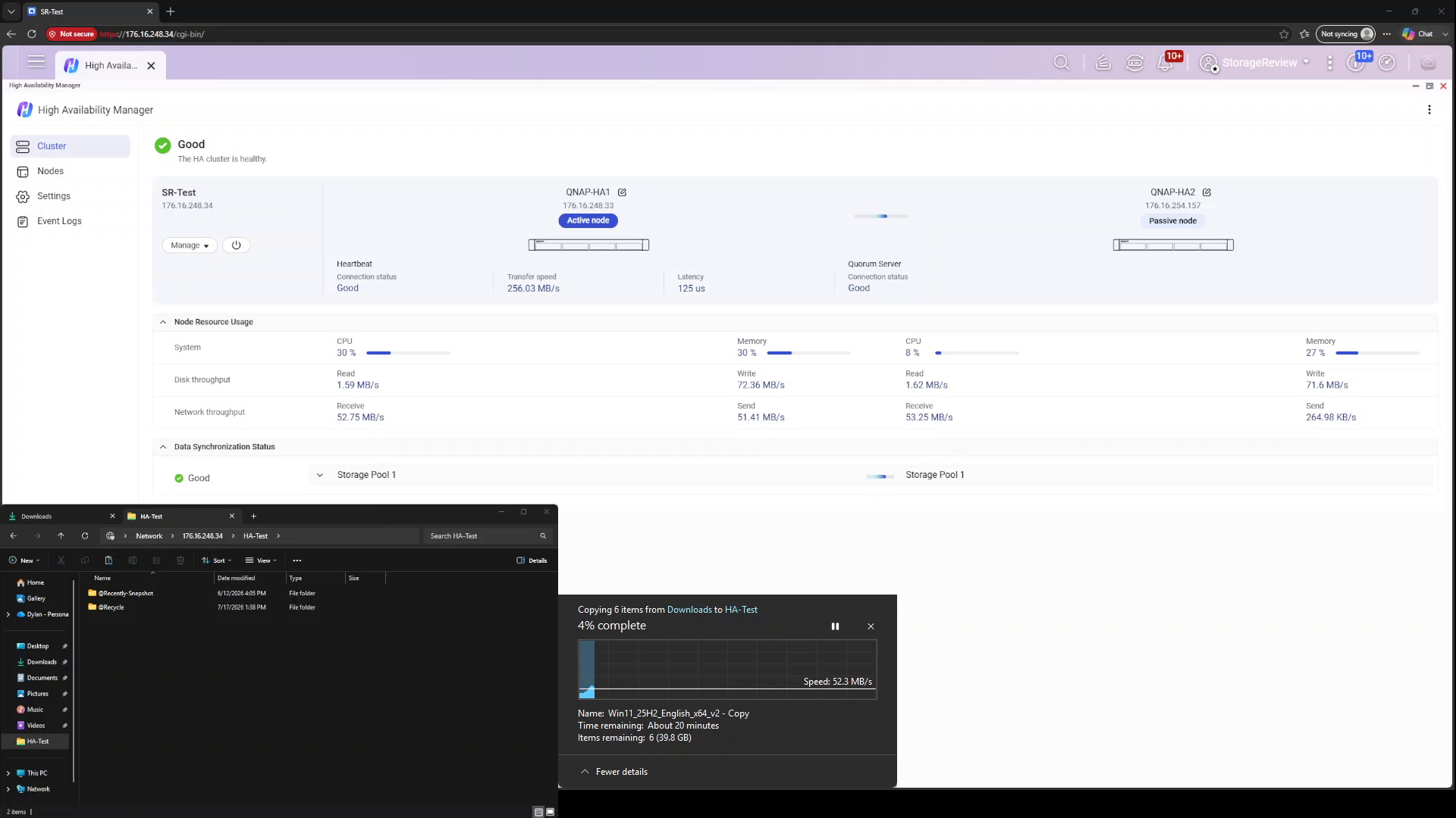 Healthy cluster with Windows file copy running before the power pull