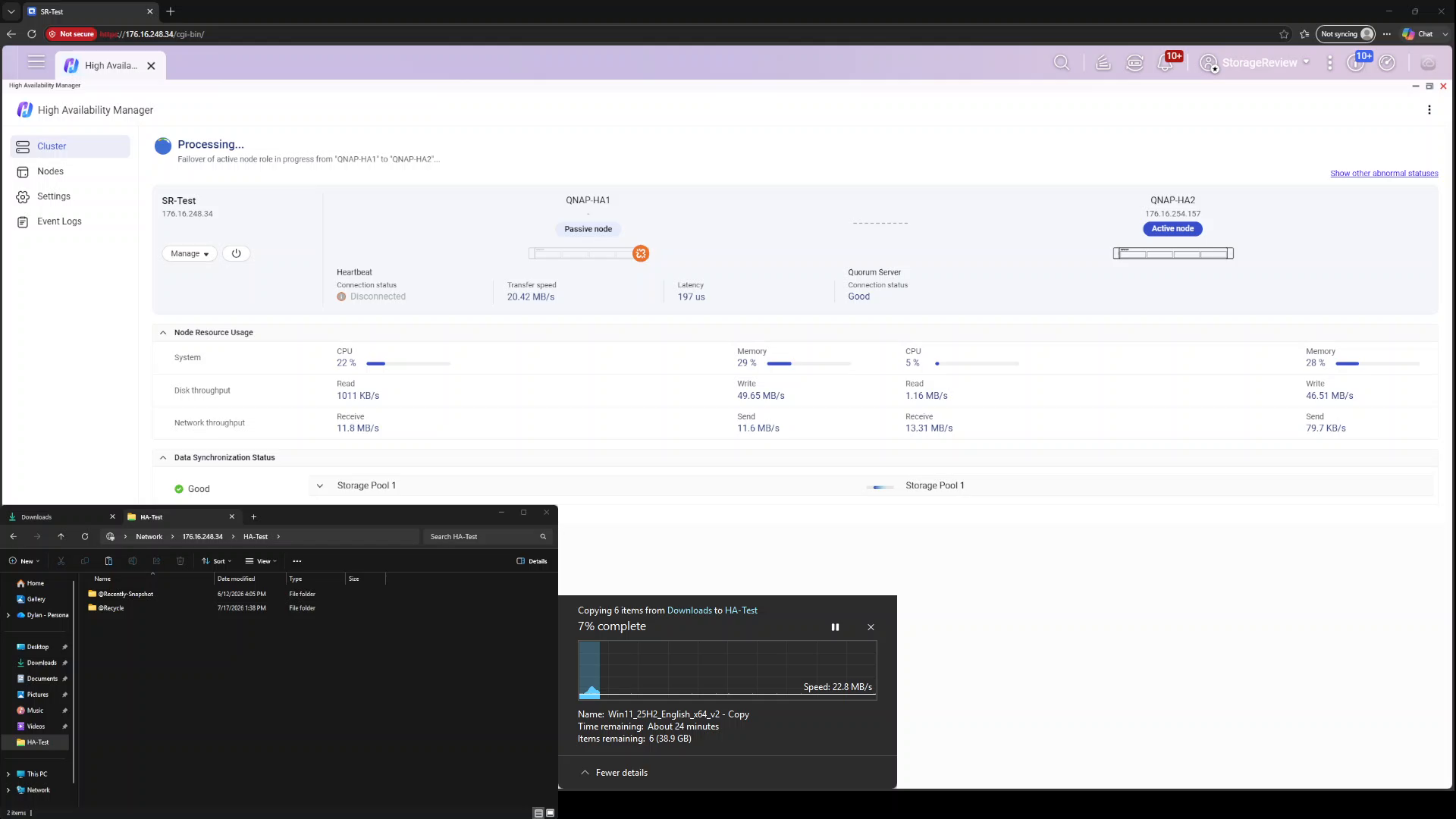 HA Manager reporting failover of the active node role from QNAP-HA1 to QNAP-HA2 as the copy resumes