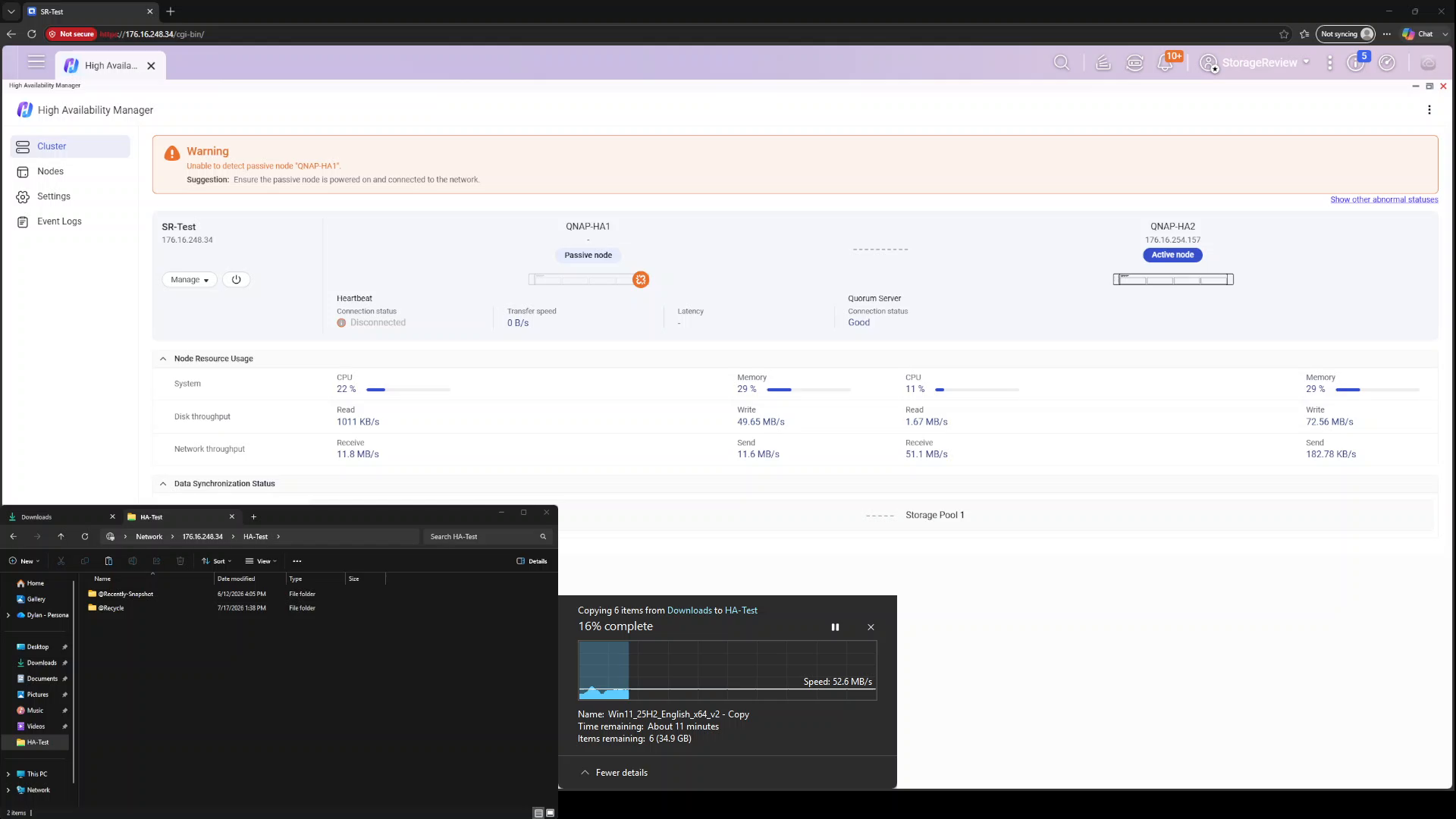 Cluster running degraded on one node with warning banner while the file transfer continues