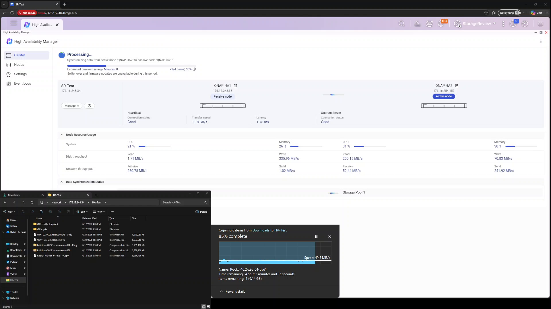 Delta resynchronization from QNAP-HA2 back to QNAP-HA1 while the file copy continues