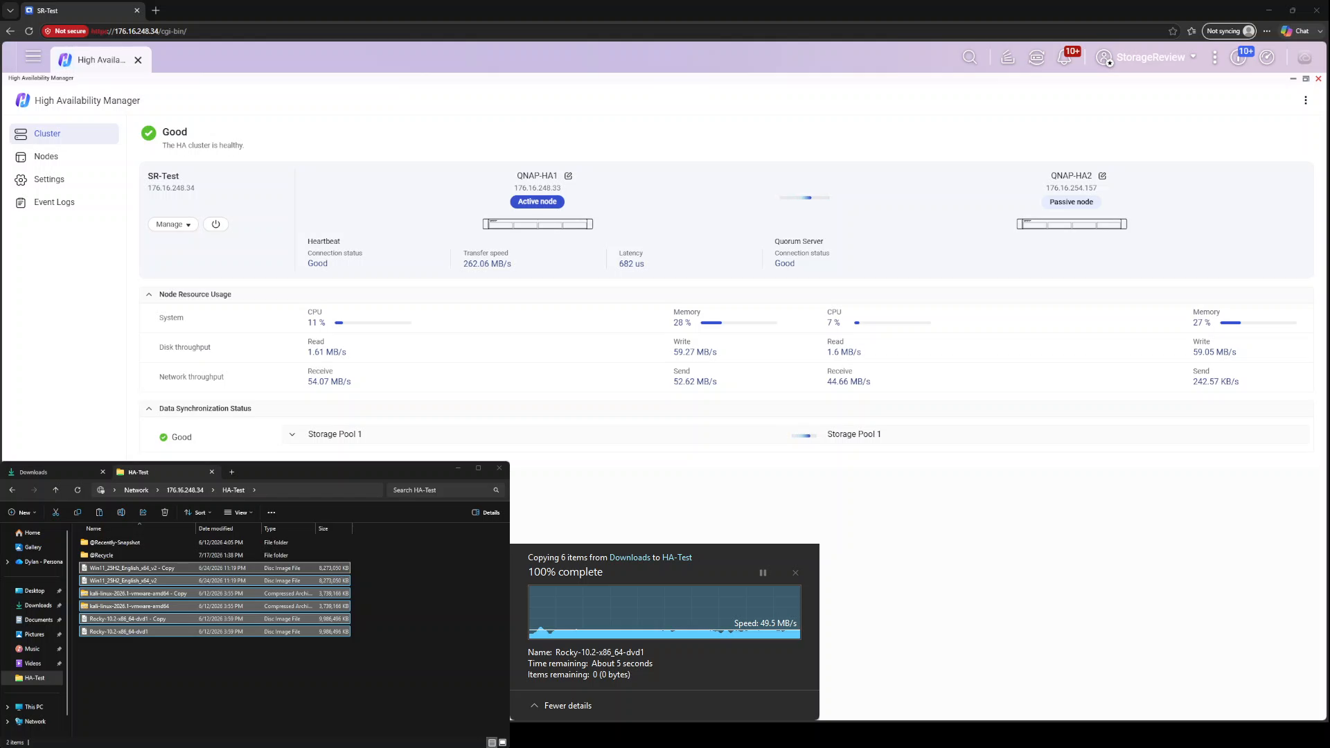 Cluster restored to Good status with QNAP-HA1 active and the file copy at 100 percent