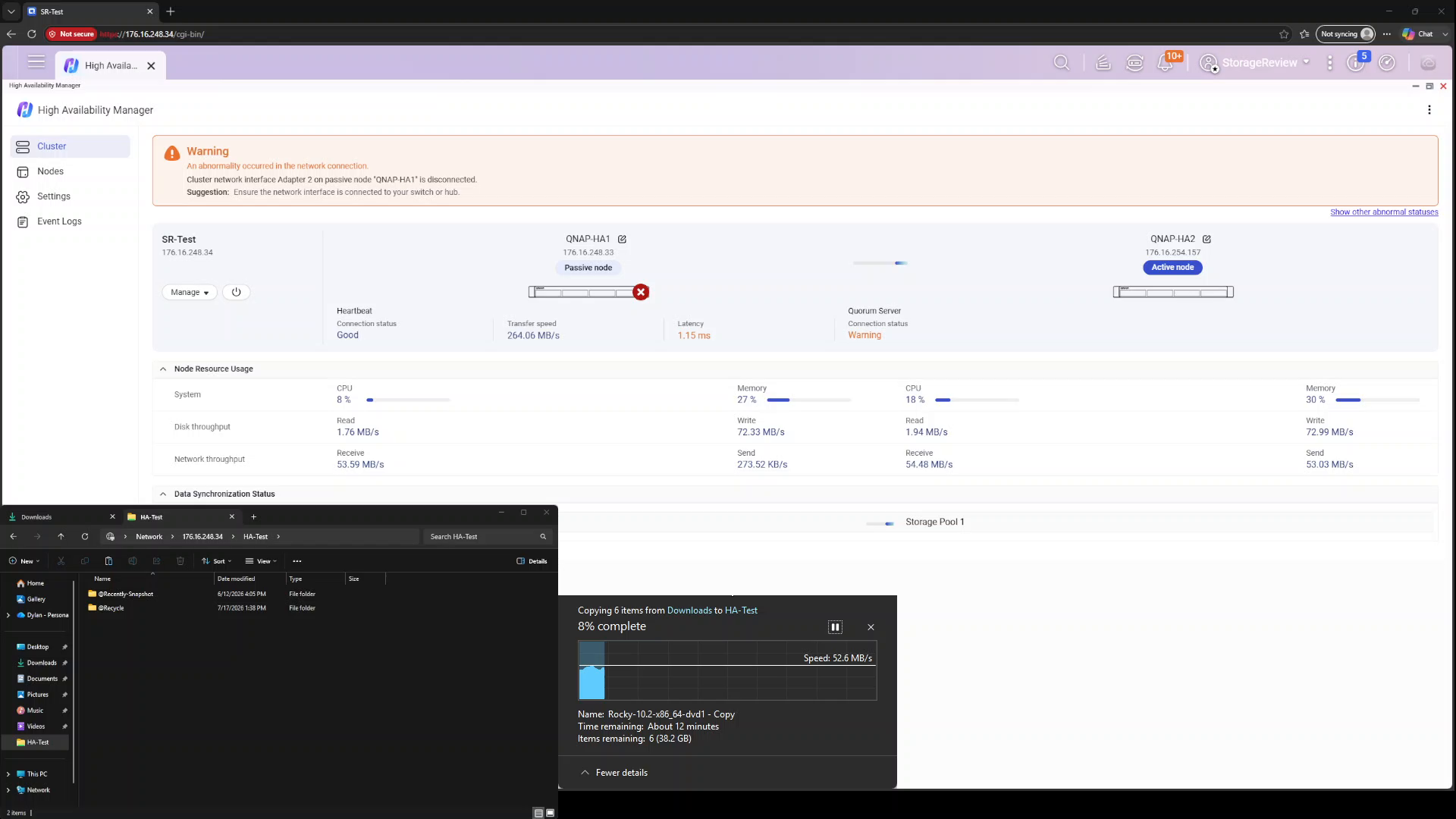 HA Manager warning that cluster network interface Adapter 2 is disconnected