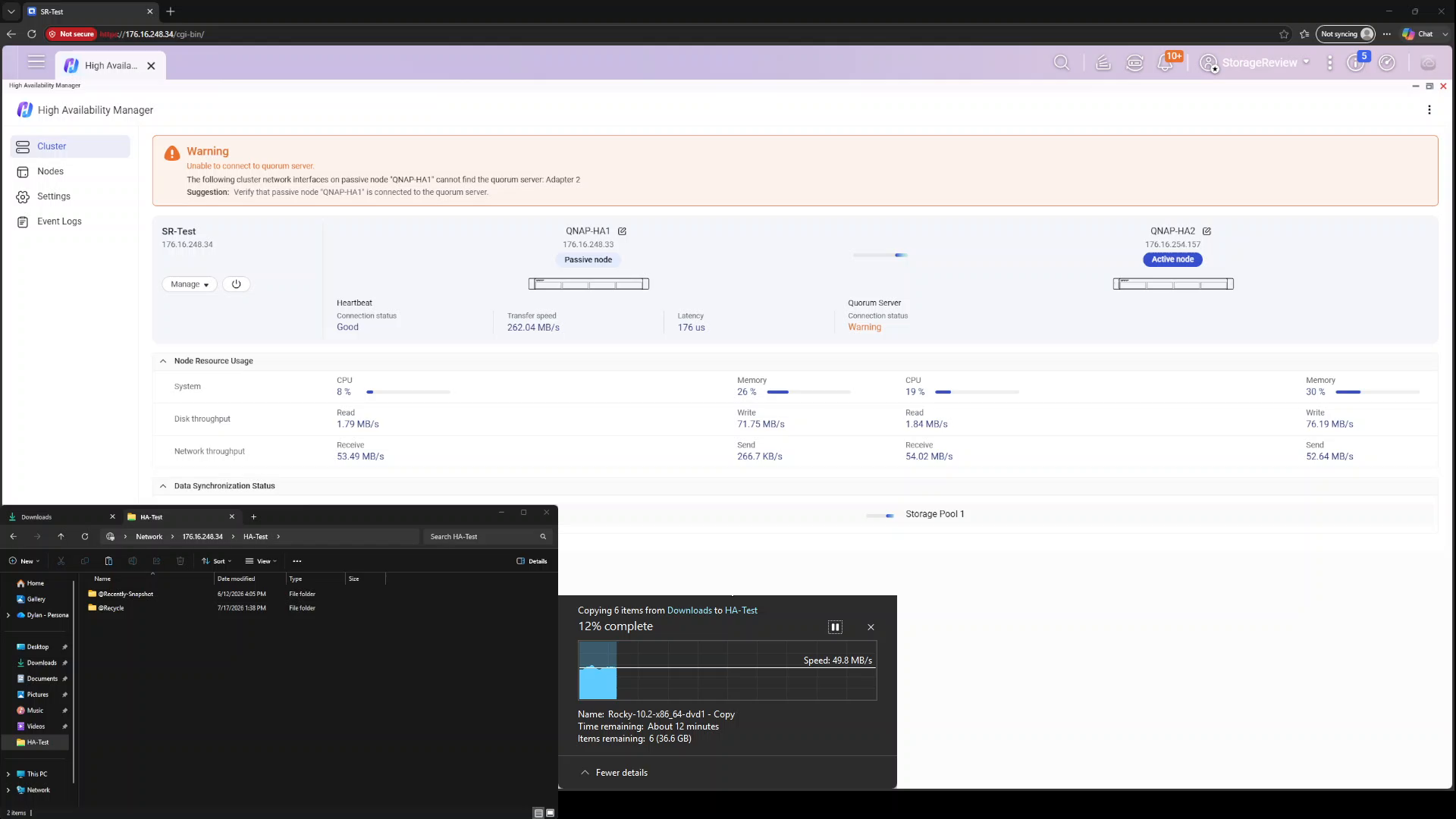 HA Manager warning that the isolated node cannot reach the quorum server