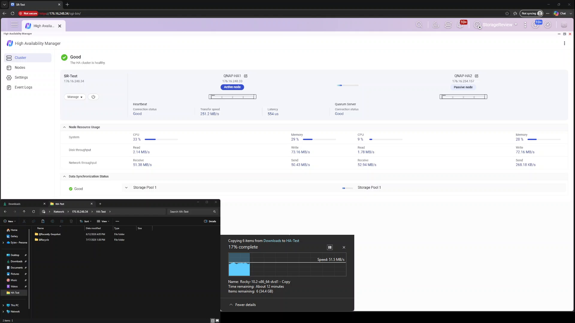 Cluster healthy after automatic failback with the transfer still running