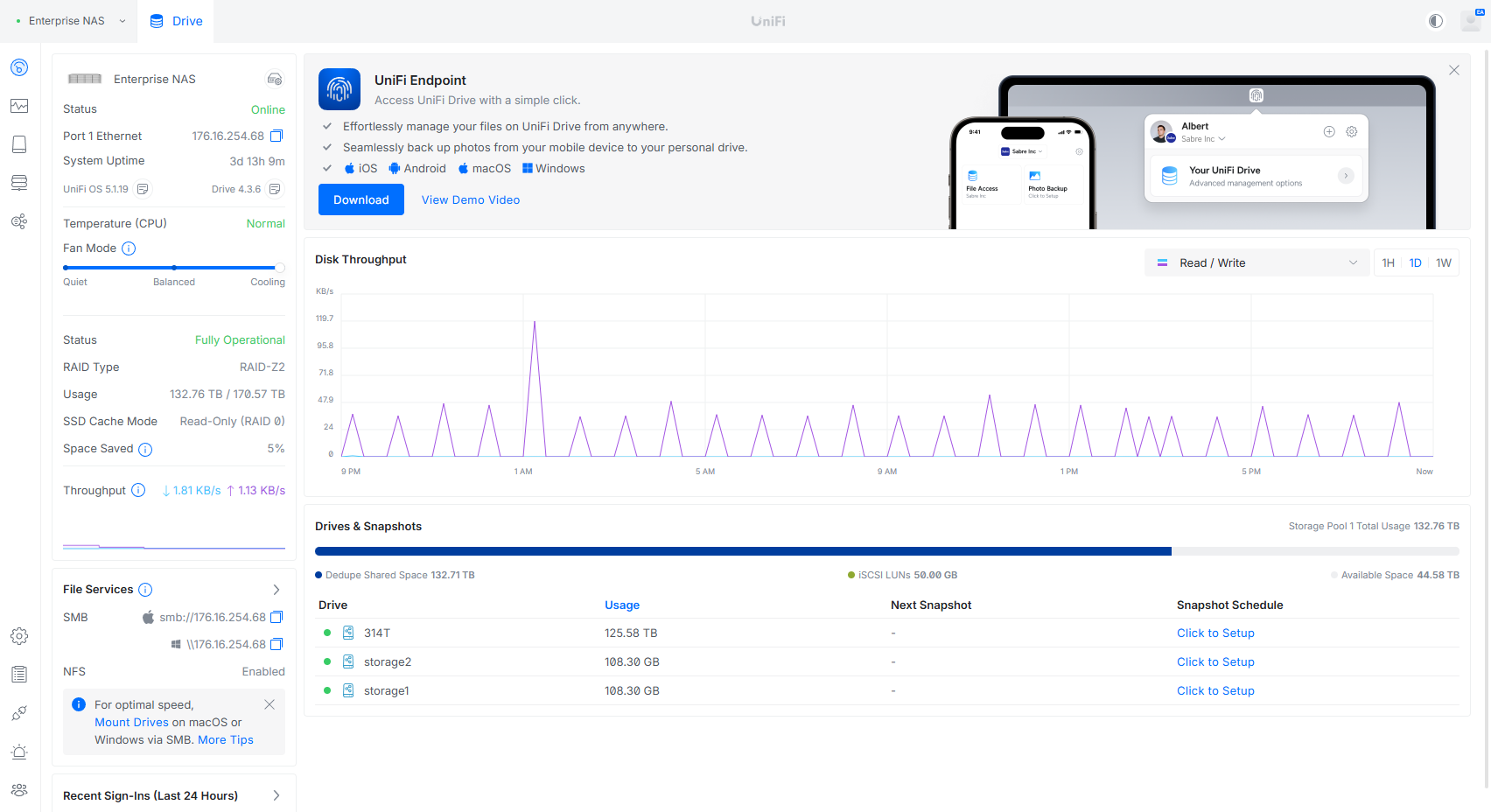 UniFi Drive dashboard for the Ubiquiti Enterprise NAS showing system status and pool capacity