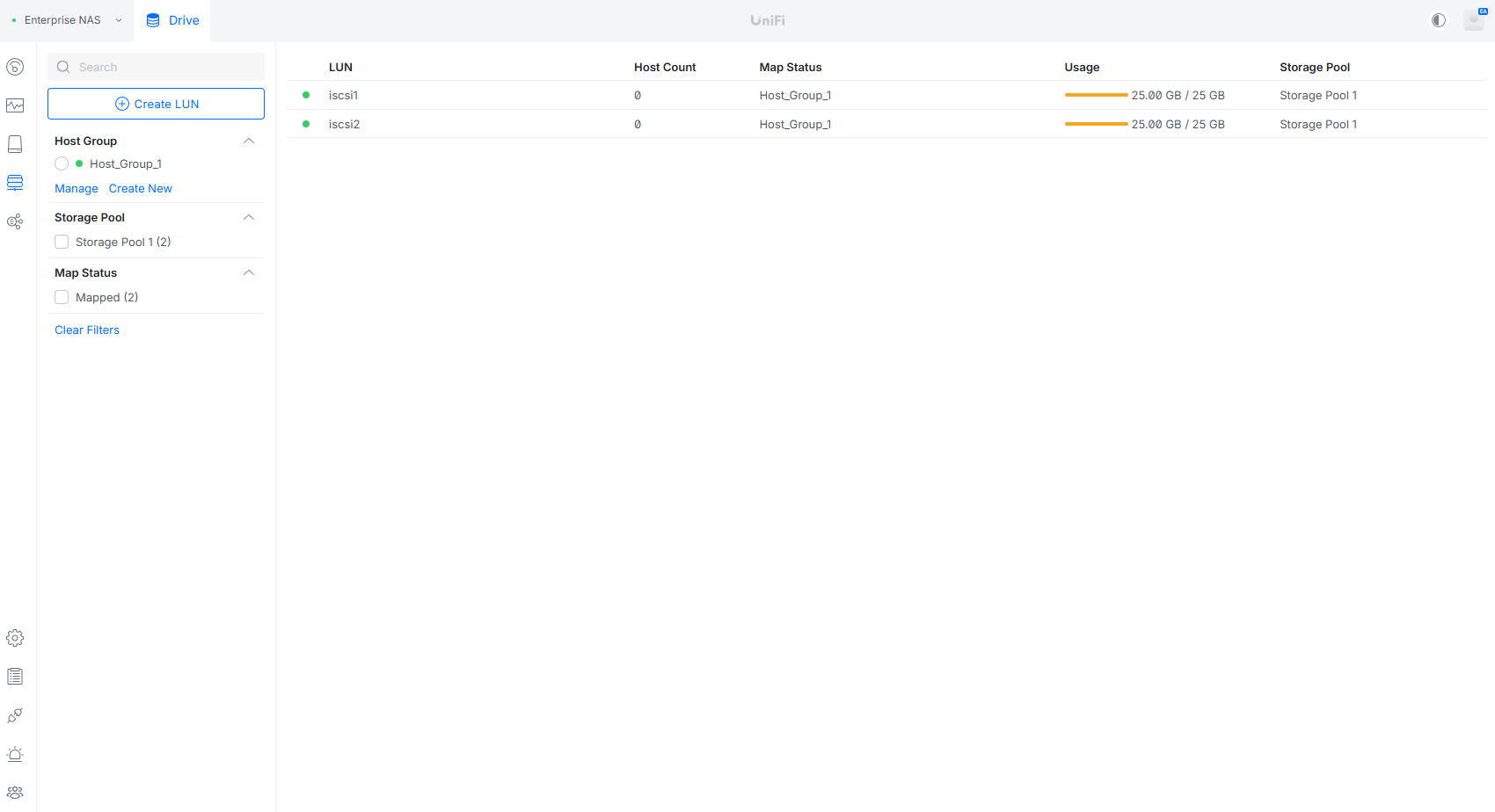 UniFi Drive iSCSI LUN list on the Ubiquiti Enterprise NAS