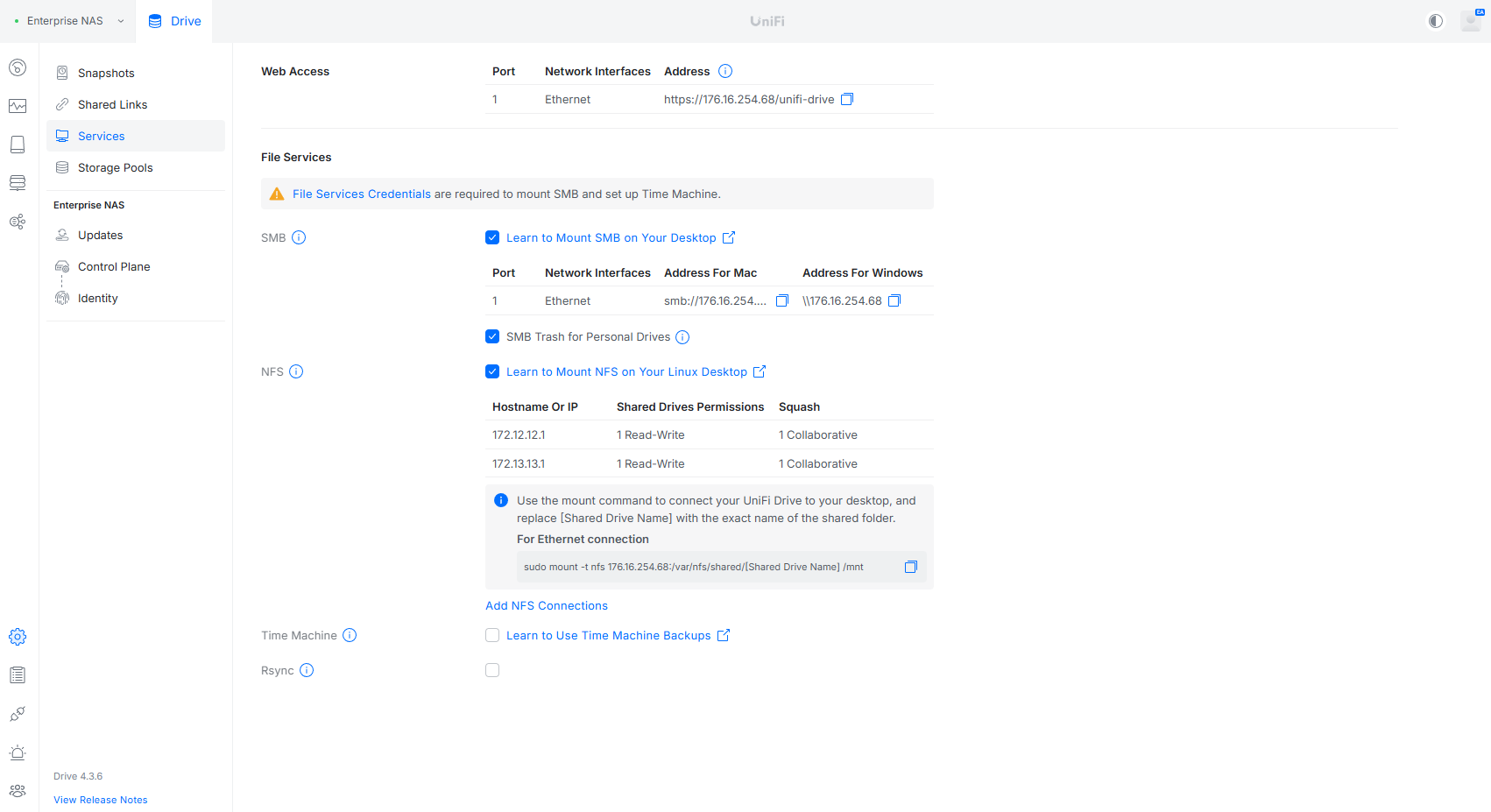 UniFi Drive services page with SMB, NFS, Time Machine, and Rsync settings