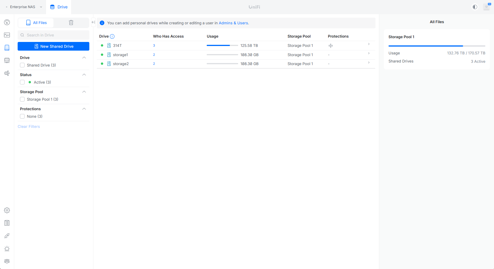 UniFi Drive shared drive list on the Ubiquiti Enterprise NAS