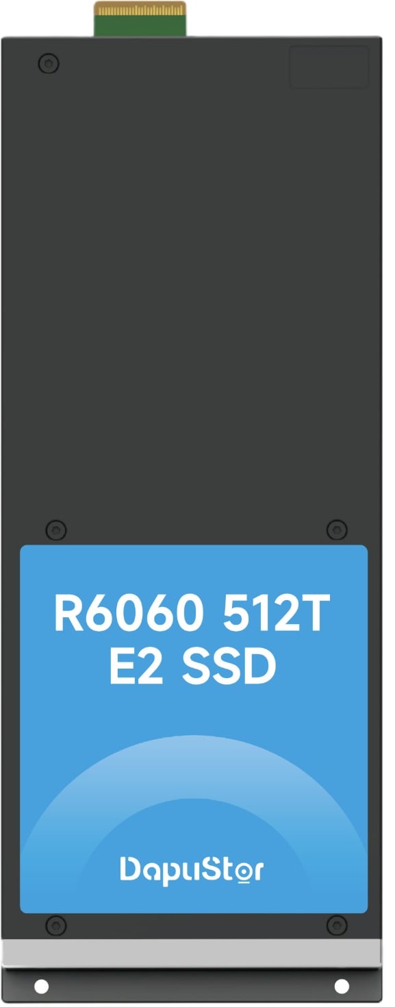 DapuStor R6060 512TB E2 SSD render showing the long EDSFF E2 form factor with its edge connector