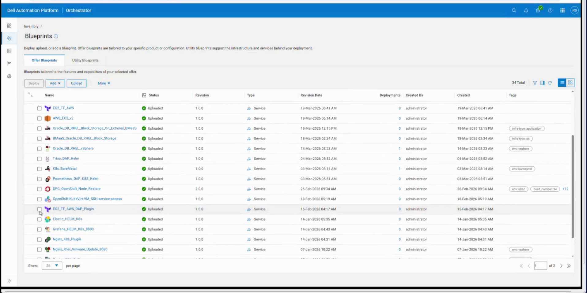 Dell Automation Platform blueprint catalog with database, Kubernetes, public cloud, and OS blueprints