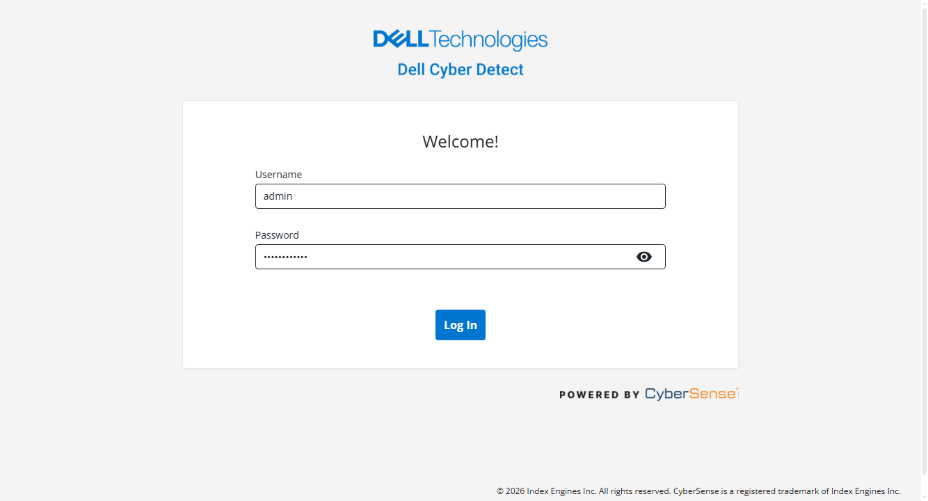 Dell Cyber Detect login screen, powered by Index Engines' CyberSense technology