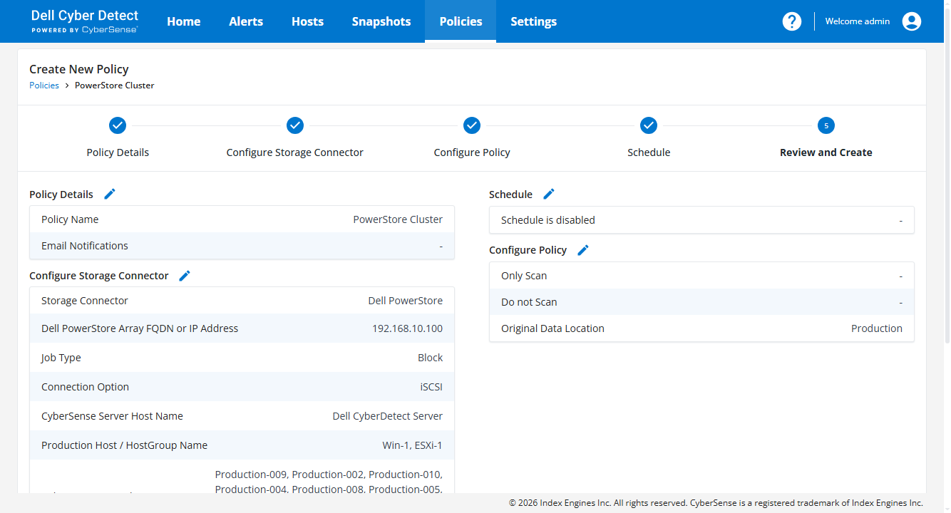 Dell Cyber Detect policy review screen summarizing a PowerStore scan policy configuration