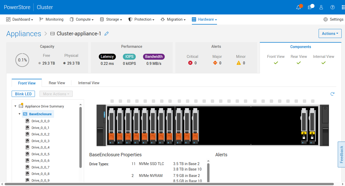 PowerStore 1200T front view in PowerStore Manager showing NVMe TLC data drives alongside two NVMe NVRAM cache drives