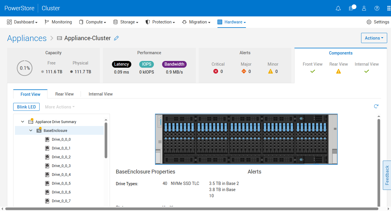 PowerStore Gen 3 front view in PowerStore Manager with 40 NVMe TLC drives and no NVRAM cache drives