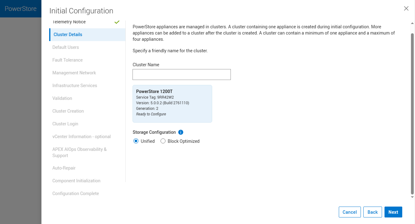 PowerStore Gen 2 initial configuration wizard with the choice between Unified and Block Optimized storage configuration