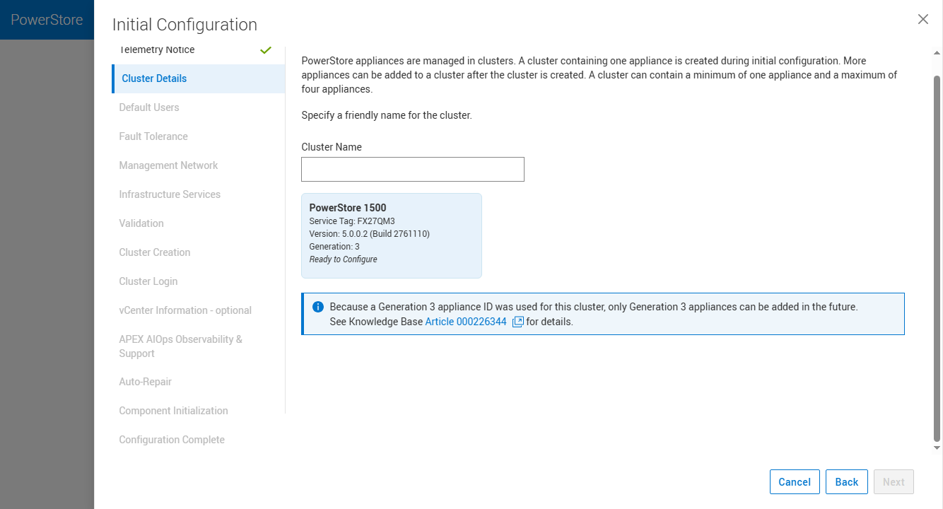PowerStoreOS 5.0 initial configuration on a Gen 3 appliance, unified by default with no storage configuration choice