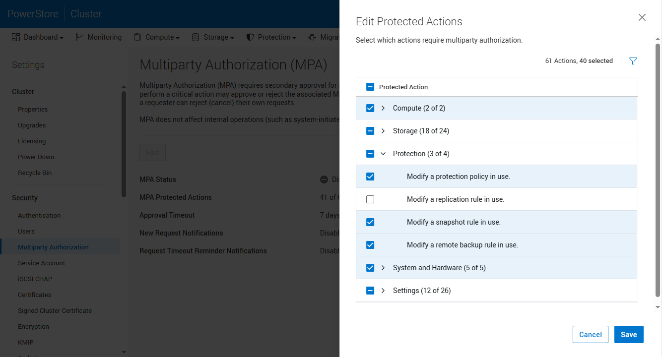 PowerStoreOS 5.0 MPA protected actions list with per-category granularity across compute, storage, and protection