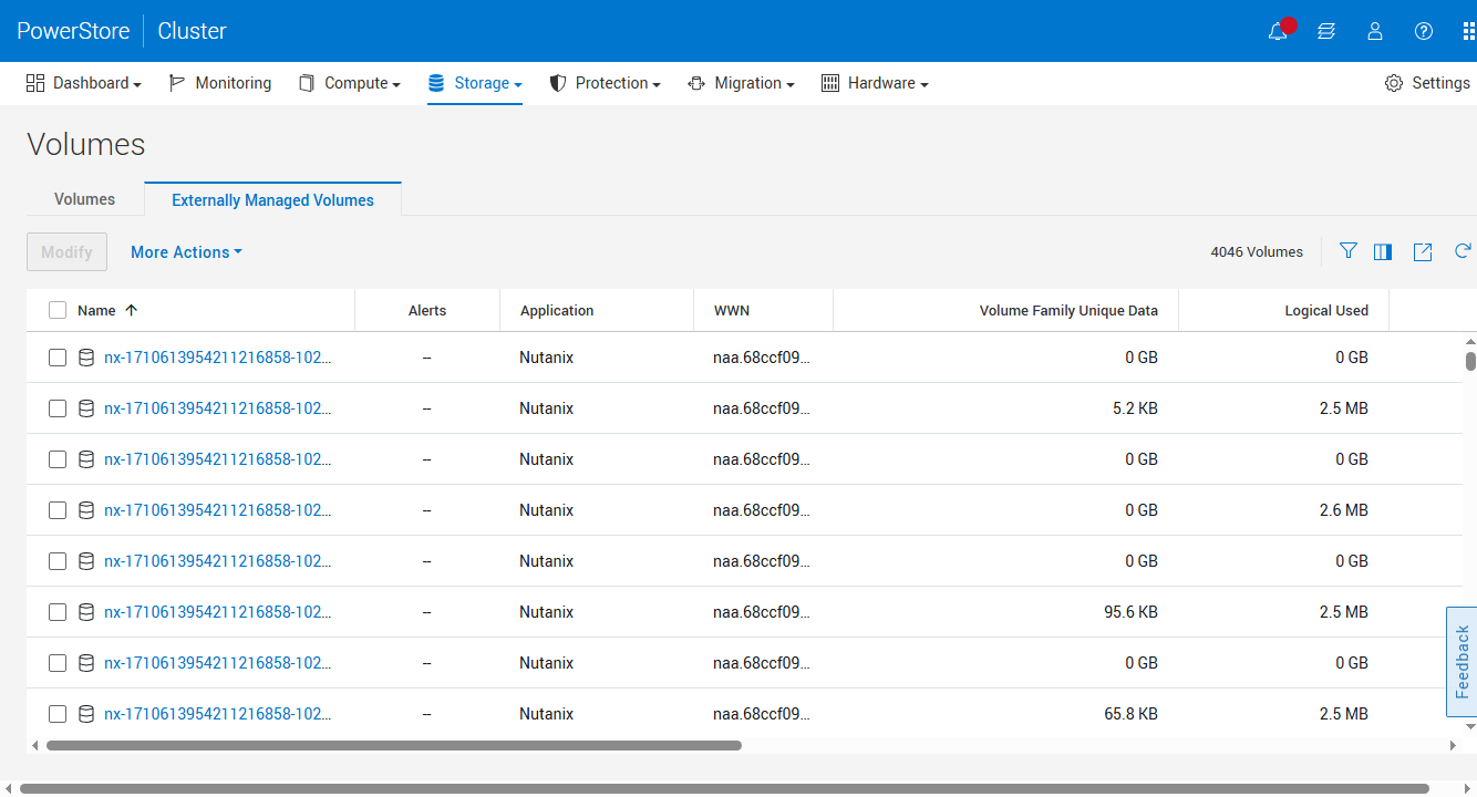 PowerStoreOS 5.0 Externally Managed Volumes tab isolating thousands of Nutanix-created volumes