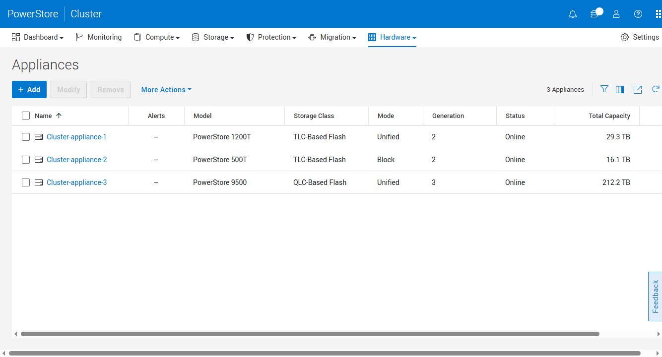 PowerStoreOS 5.0 appliances view showing Gen 2 and Gen 3 appliances with TLC and QLC storage classes online in one cluster