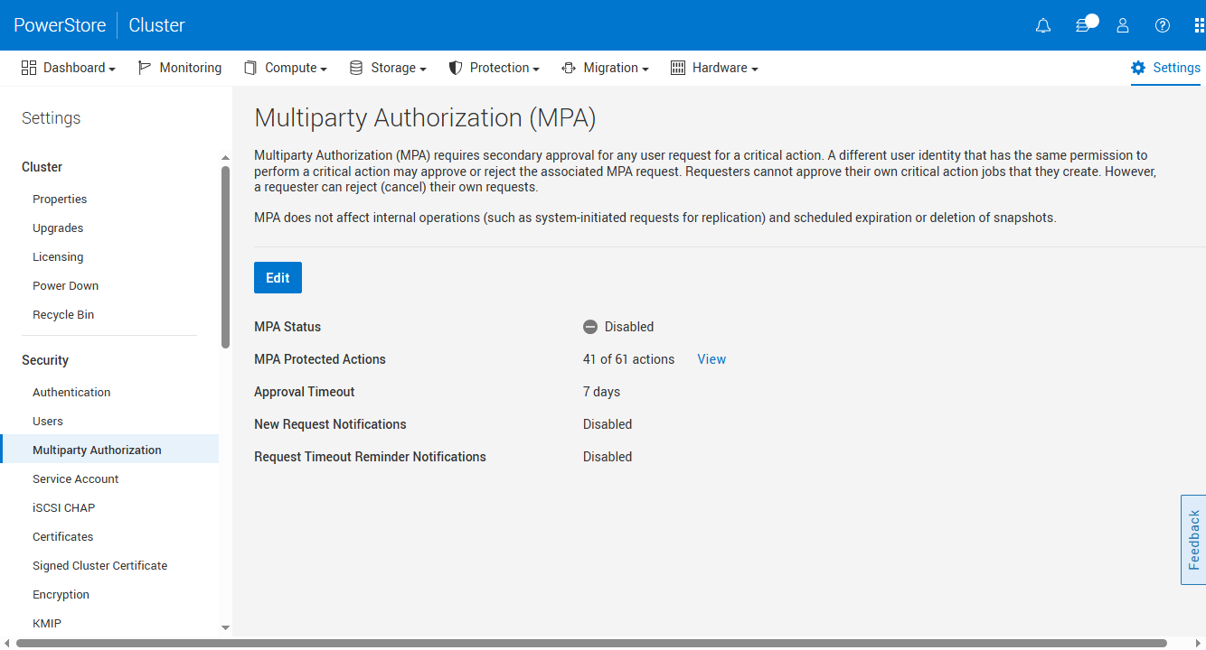 PowerStoreOS 5.0 Multiparty Authorization settings showing protected actions and the approval timeout