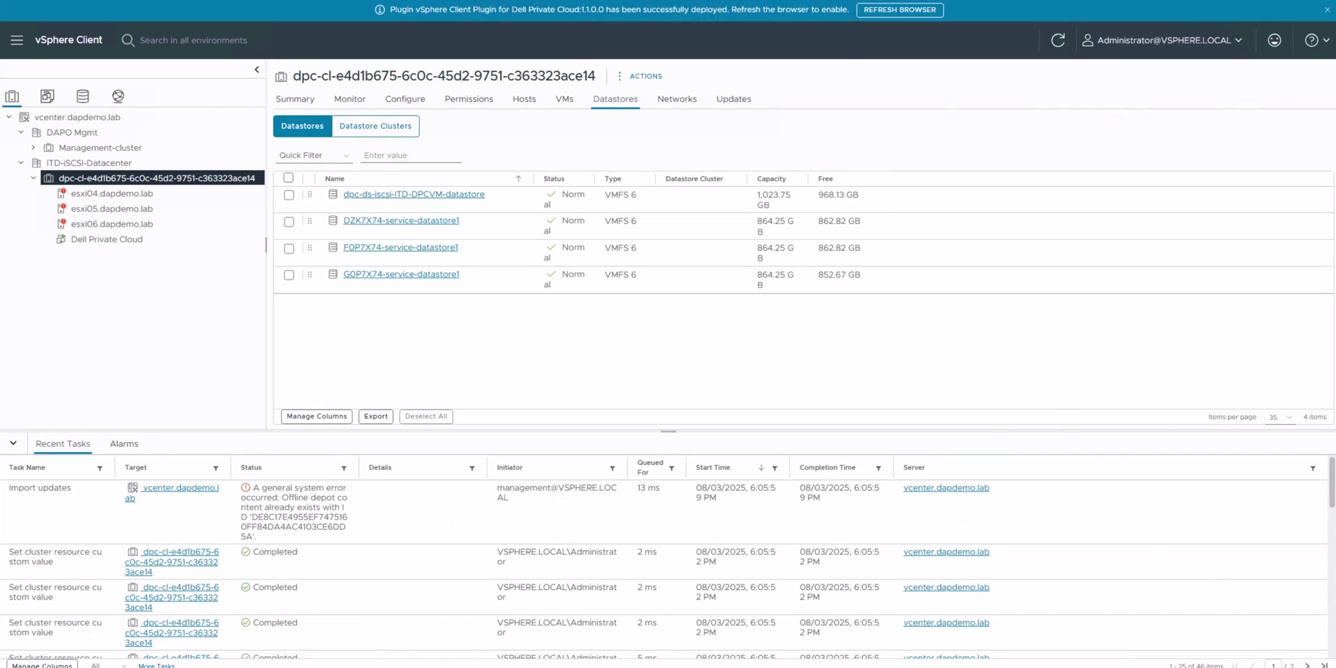 vSphere Client with the Dell Private Cloud plugin deployed and a PowerStore iSCSI datastore available to the cluster