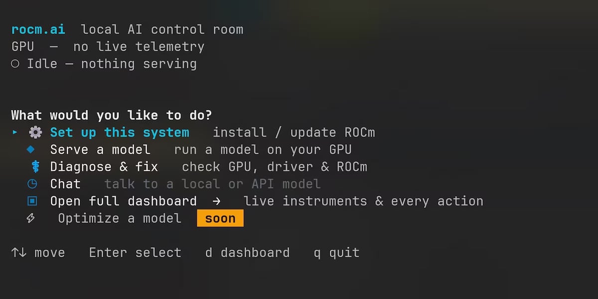 ROCm CLI local AI control room running in a terminal, with options to set up ROCm 10, serve a model, and run diagnostics