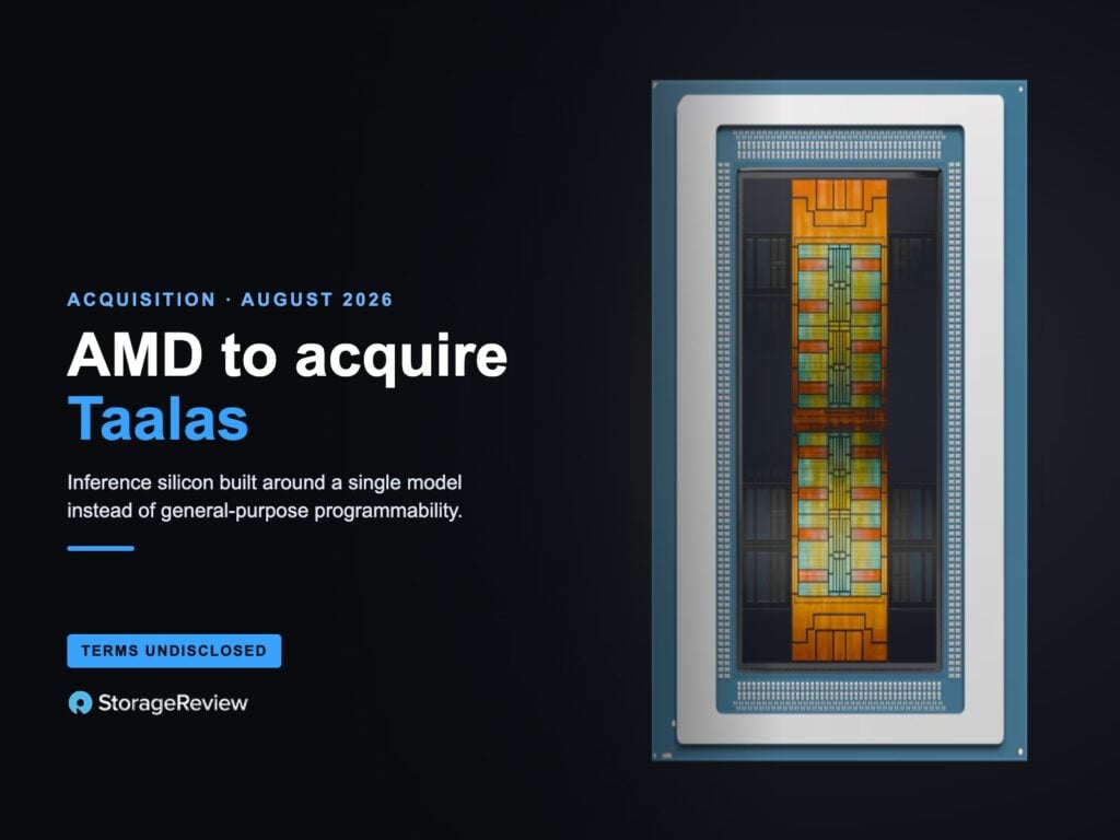 AMD Instinct accelerator die photo alongside the headline AMD to acquire Taalas, terms undisclosed