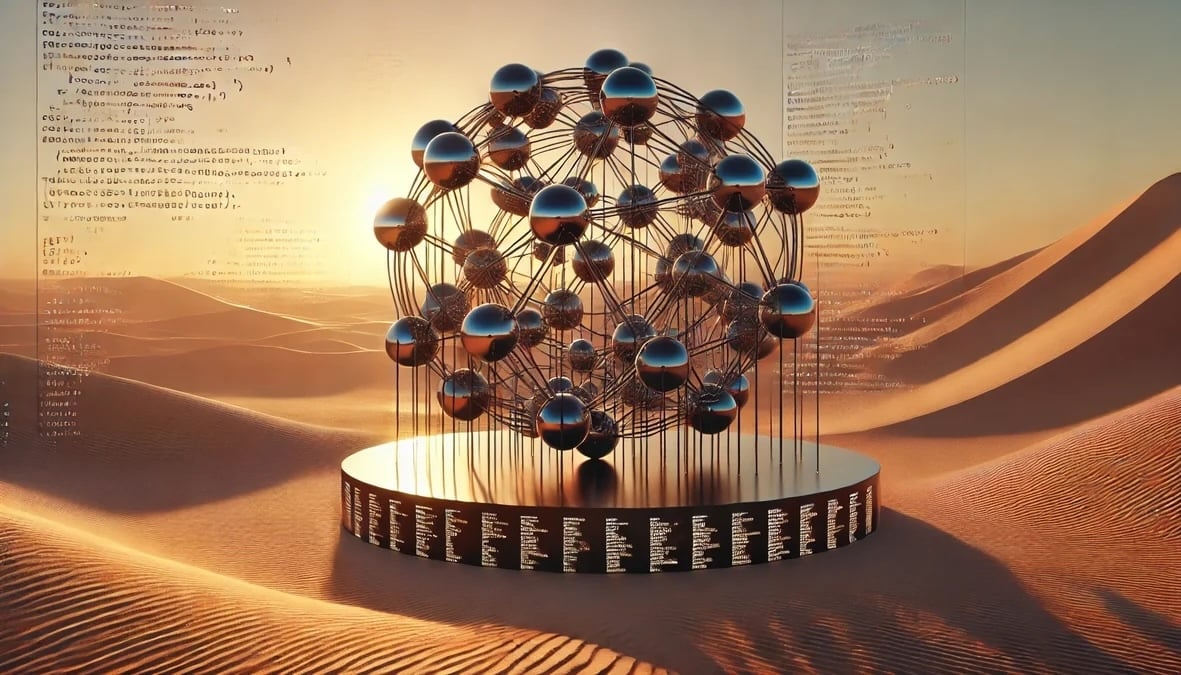 AMD artwork for the ROCm 10 anniversary release, an abstract sculpture of networked spheres over lines of code