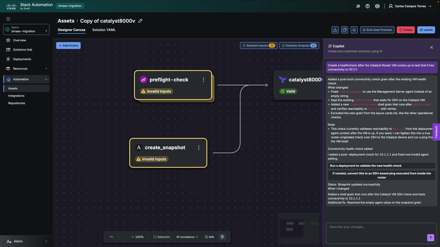 Stack Automation Blueprint Designer canvas with a Catalyst 8000V blueprint and an agentic copilot pane building preflight check and snapshot steps
