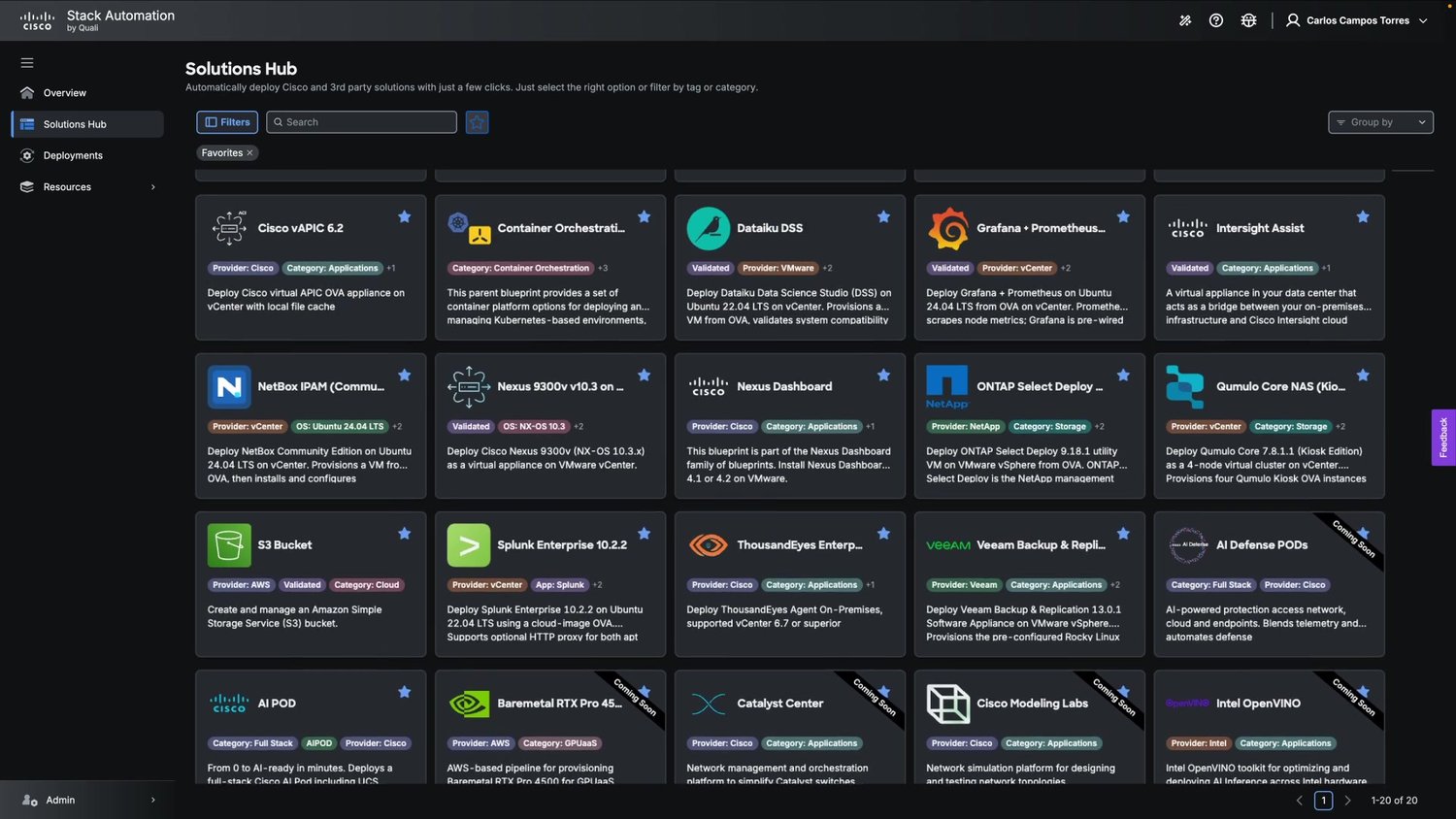 Stack Automation Solutions Hub catalog with validated blueprint tiles including Cisco vAPIC, Nexus Dashboard, Dataiku, Grafana, Splunk, Veeam, and AI PODs