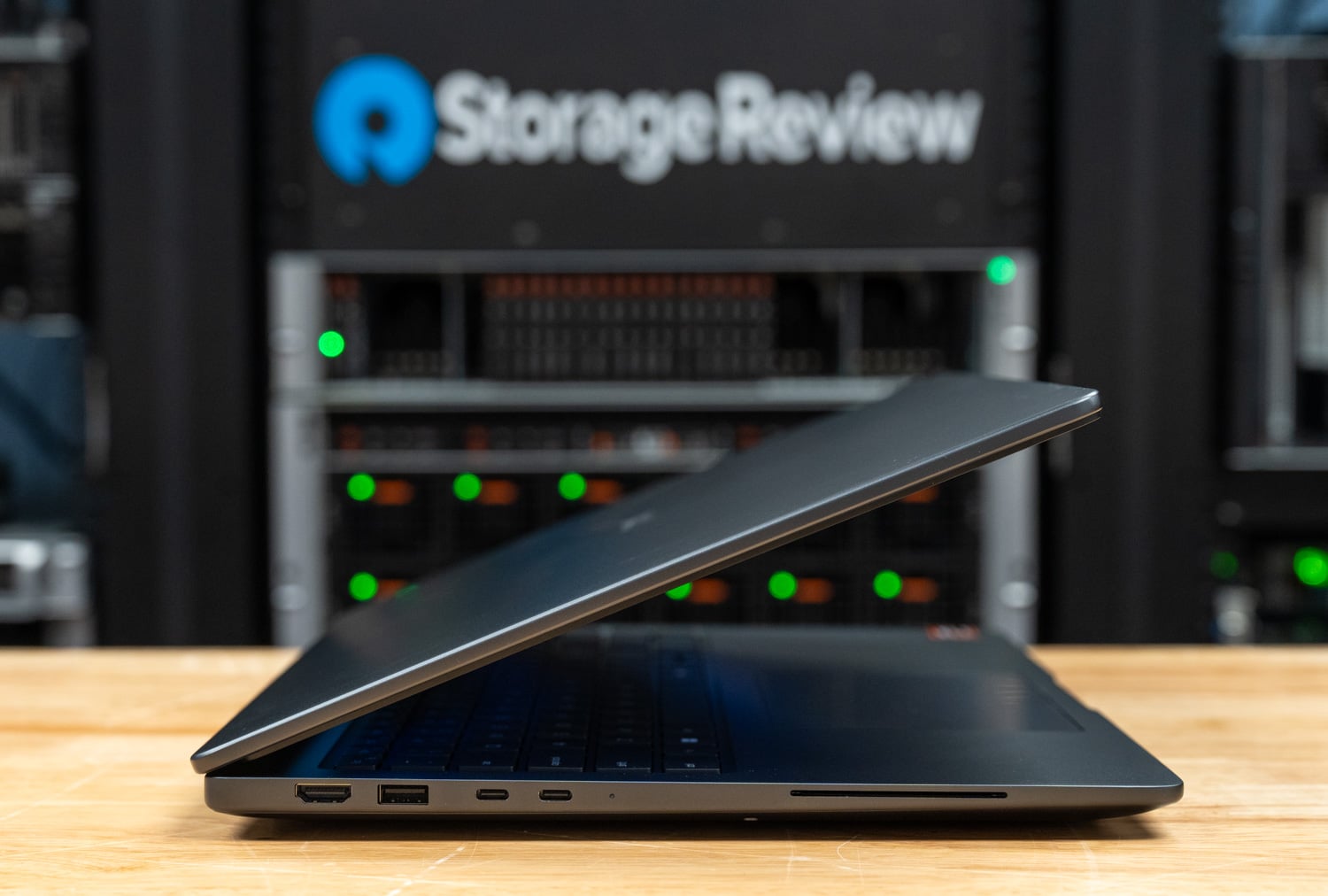 Dell Pro Precision 5 16s AMD left side ports with the display partially open
