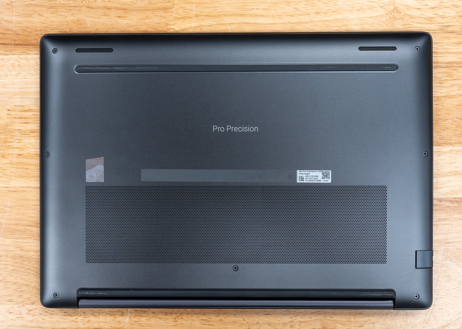 Dell Pro Precision 5 16s Intel underside showing Pro Precision branding and intake vents