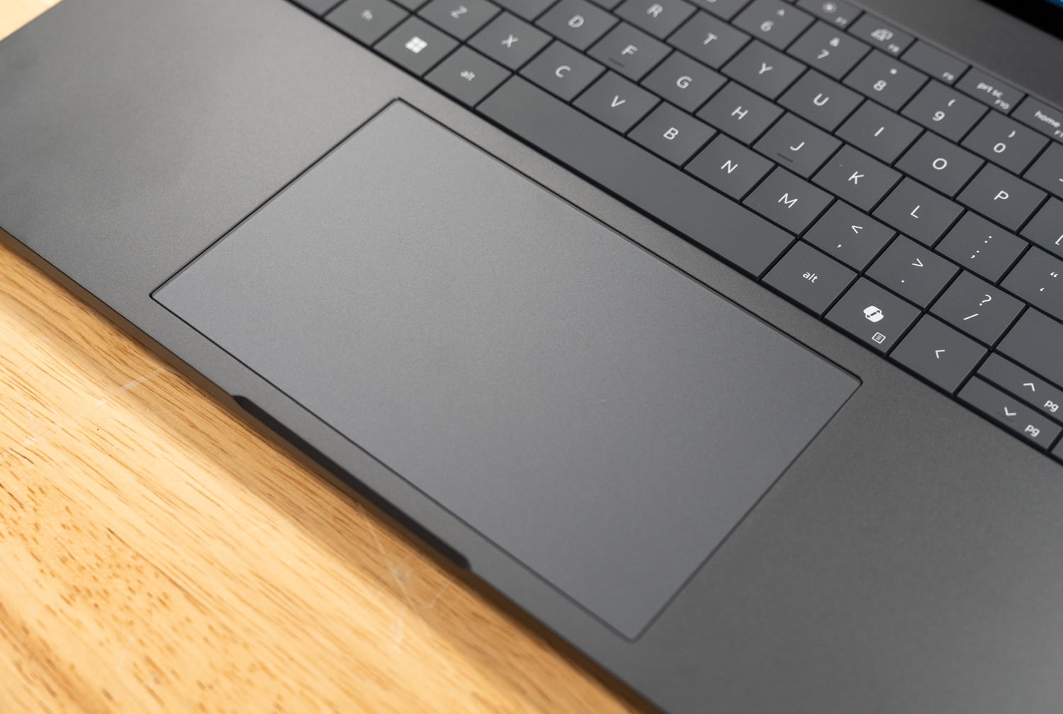 Close-up of the Dell Pro Precision 7 16 trackpad and keyboard edge