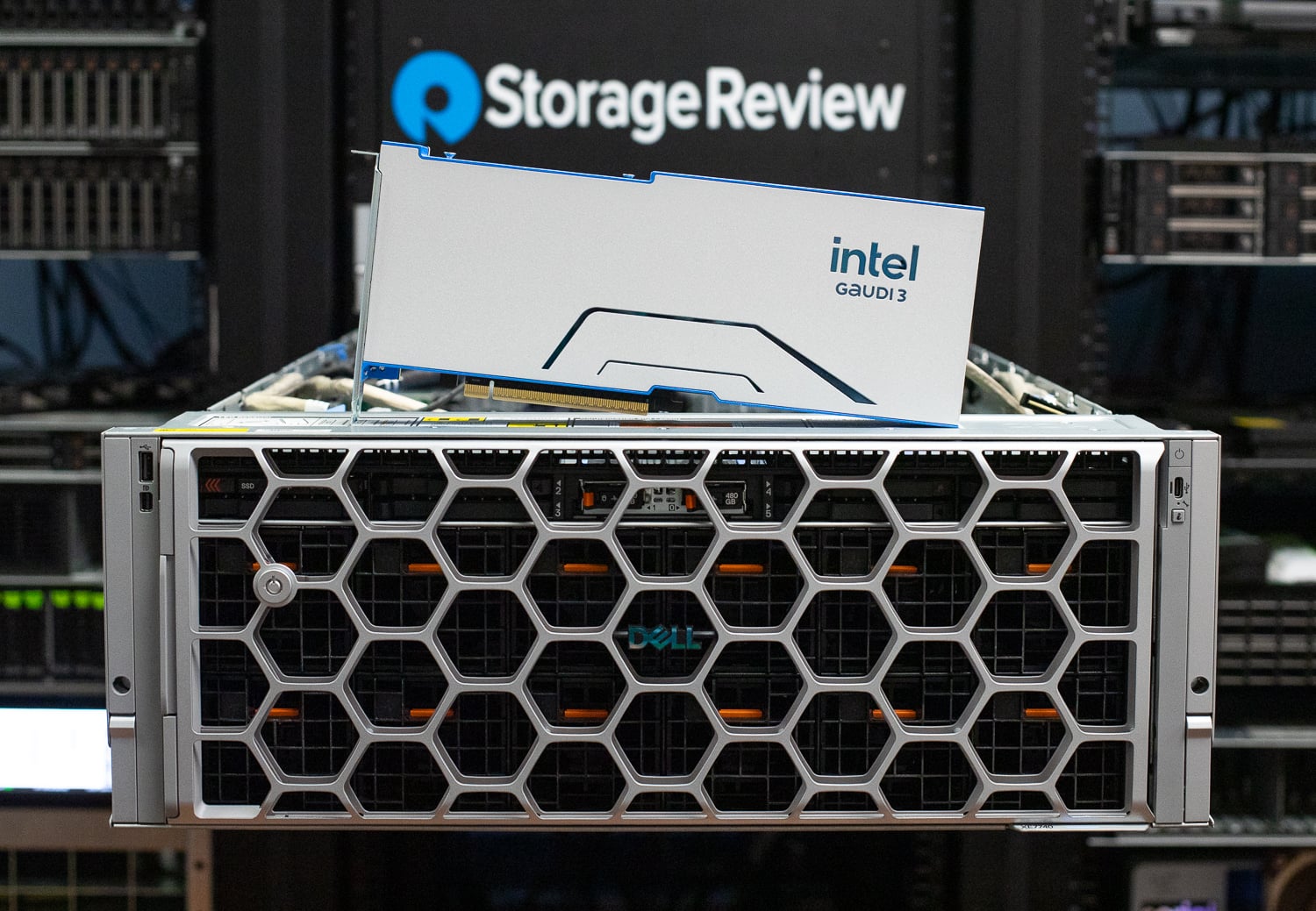 Dell PowerEdge XE7740 front view with an Intel Gaudi 3 accelerator in the StorageReview lab