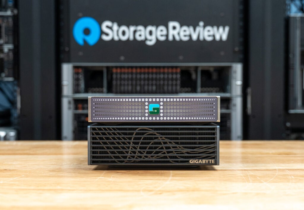 Luisuantech GP Spark stacked on top of the GIGABYTE DGX Spark in the StorageReview lab
