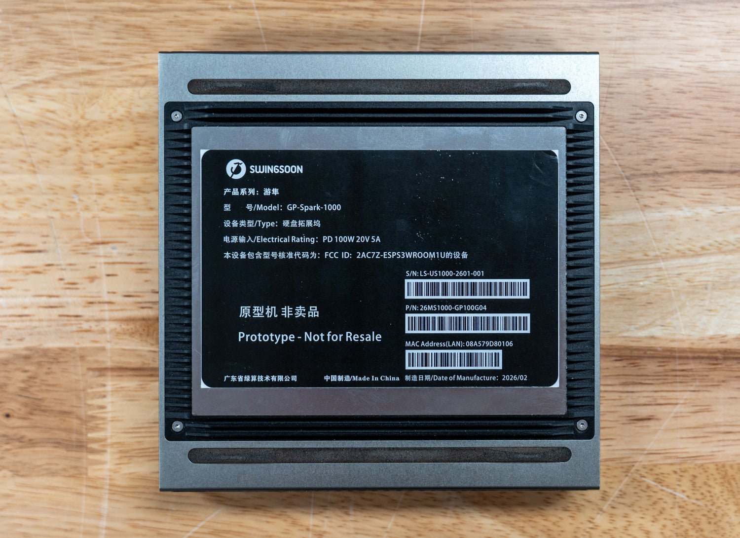 GP Spark bottom label showing model GP-Spark-1000, 100W USB-C PD rating, and prototype not-for-resale marking
