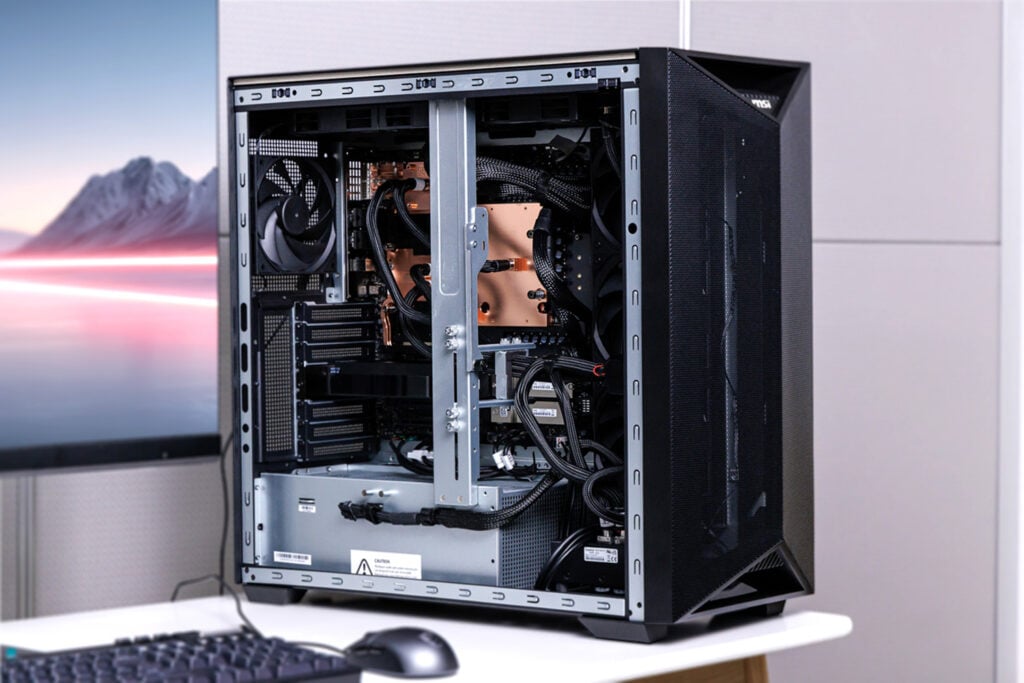 MSI XpertStation WS300 on a desk with the side panel off, copper cold plates and liquid cooling visible