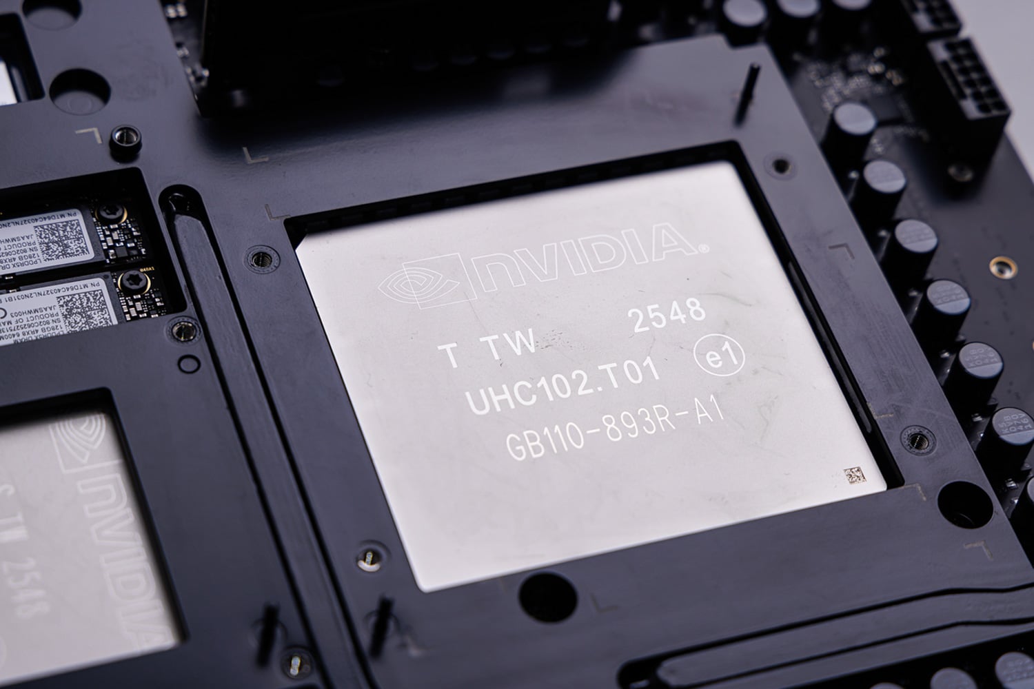 NVIDIA B300 Blackwell Ultra GPU package close-up on the GB300 baseboard of the MSI XpertStation WS300