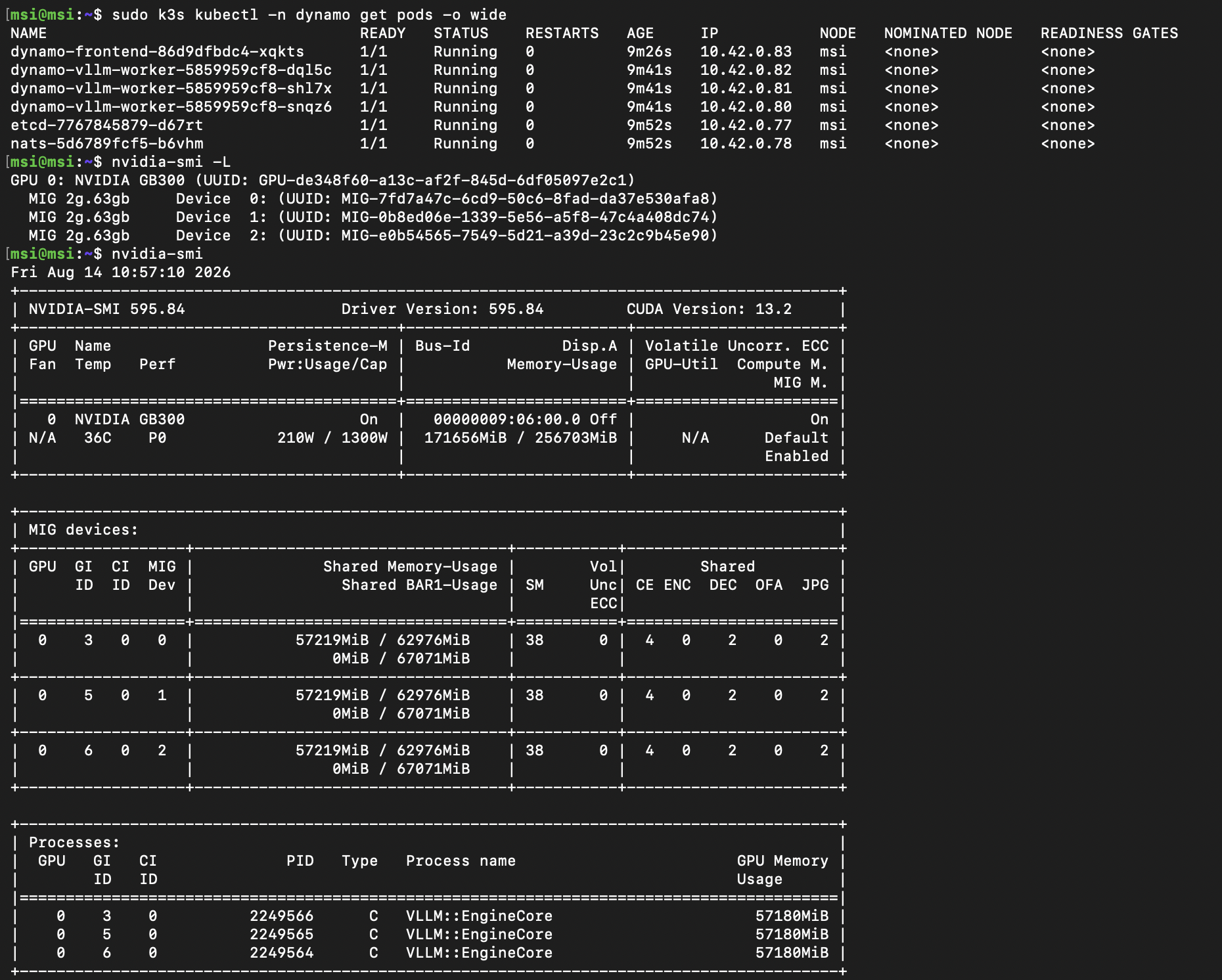 Terminal output on the MSI XpertStation WS300 showing the GB300 partitioned into three MIG 2g.63gb instances, each serving a vLLM engine under Dynamo on k3s