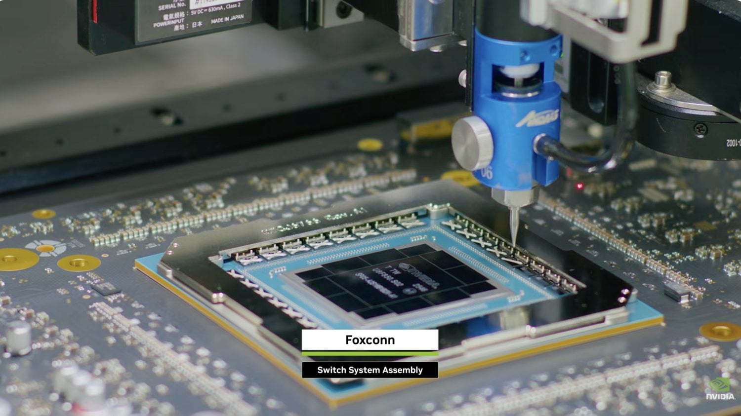 NVIDIA Spectrum-X Ethernet Photonics co-packaged optics assembly, with the switch ASIC ringed by optical engine sites on the switch board
