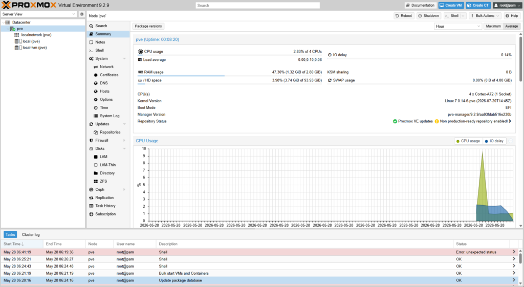 Proxmox VE 9.2 arm64 web interface running on a Raspberry Pi 4 test install