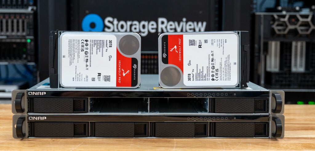 QNAP TS-h765eU HA pair with two Seagate IronWolf Pro 30TB drives resting on top before installation