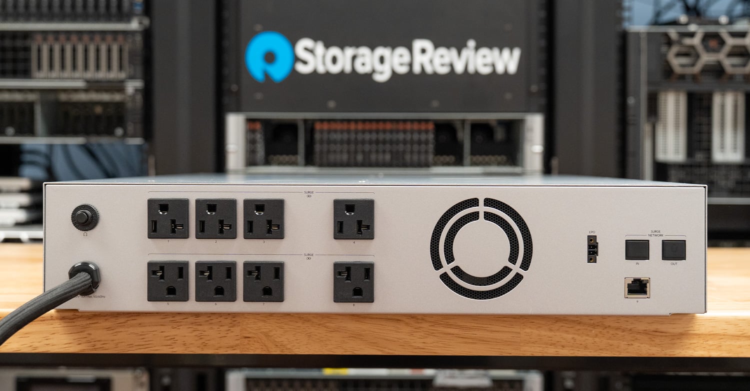 Rear panel of the Ubiquiti UPS 2U Pro with eight NEMA 5-20R outlets, circuit breaker, EPO, and surge network ports