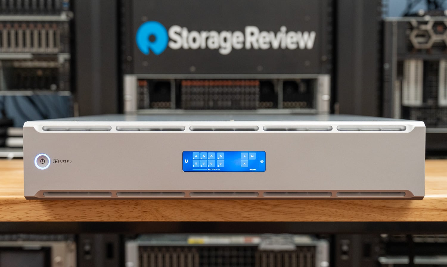 Ubiquiti UPS 2U Pro front view with the touchscreen showing the outlet status grid