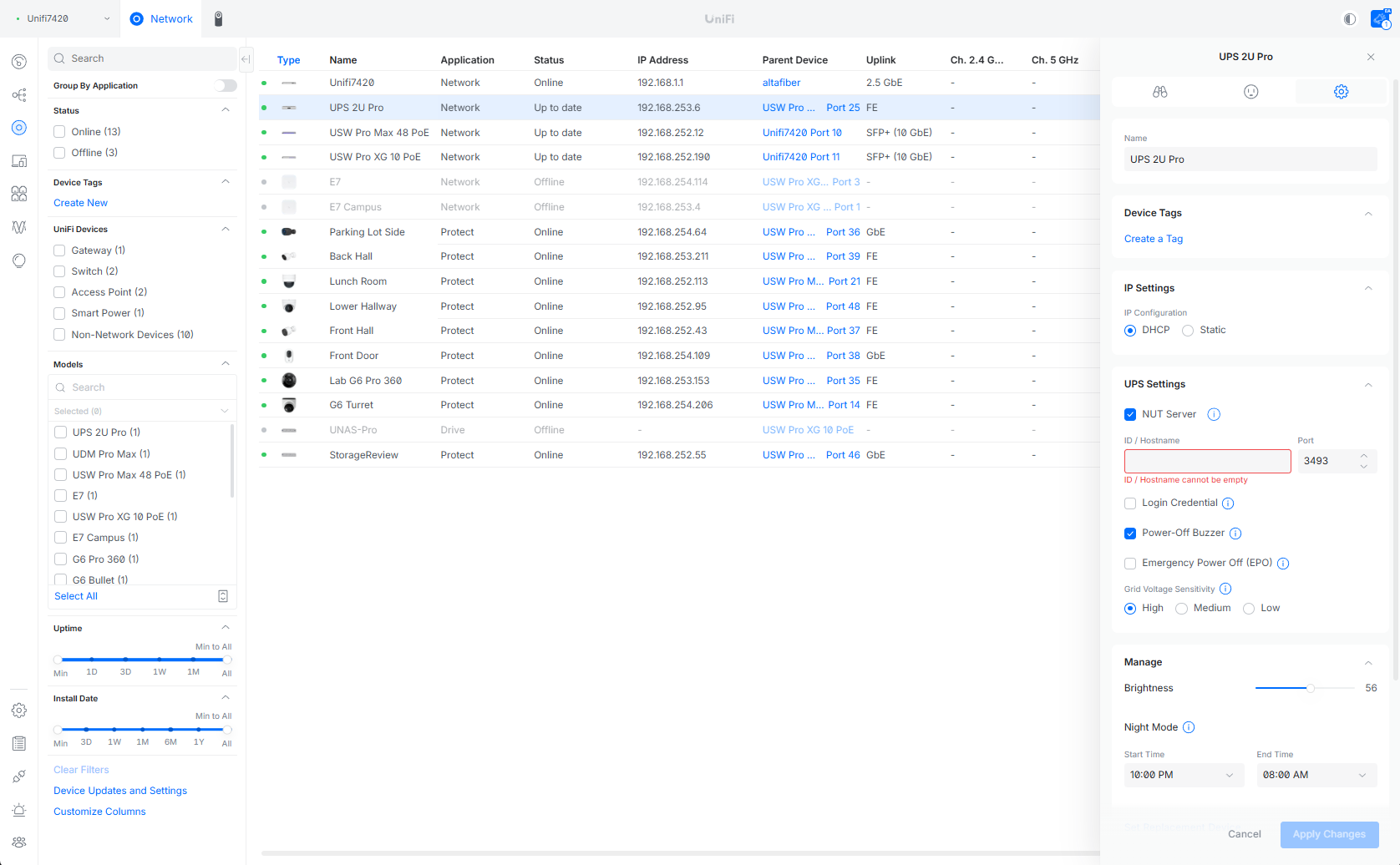 UPS settings in UniFi Network with NUT server, power-off buzzer, EPO, and grid voltage sensitivity options