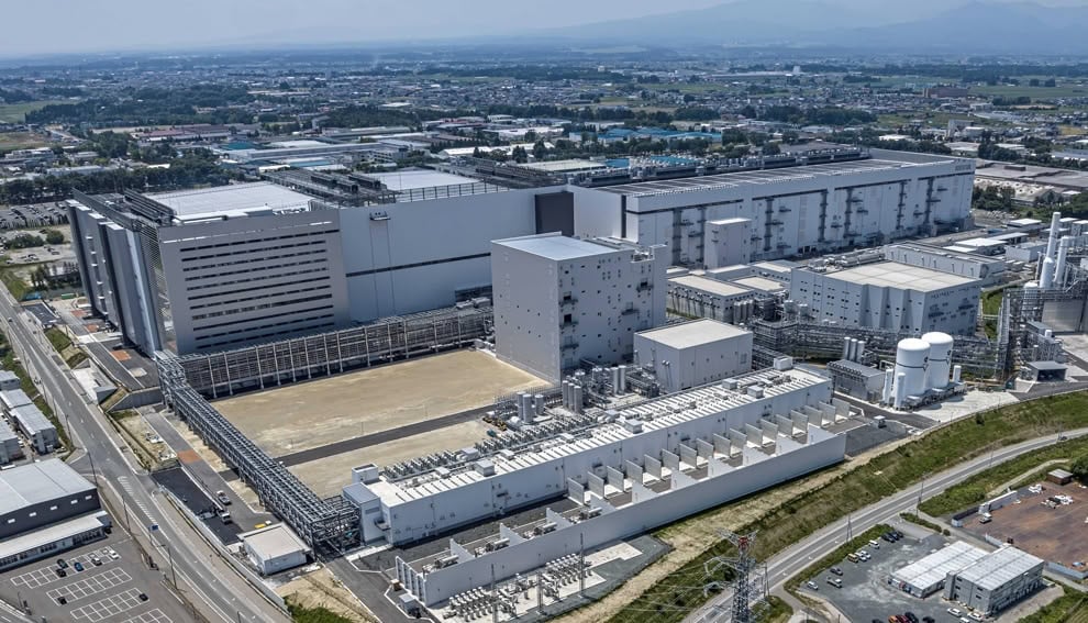 Kioxia Kitakami Plant campus from above in Iwate Prefecture, the site where Fab3 will be built south of Fab2